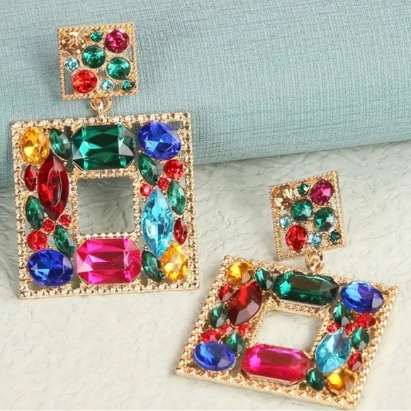 Zara Multi Colored Crystal Square Drop Clip On Earrings - Picture 5 of 12